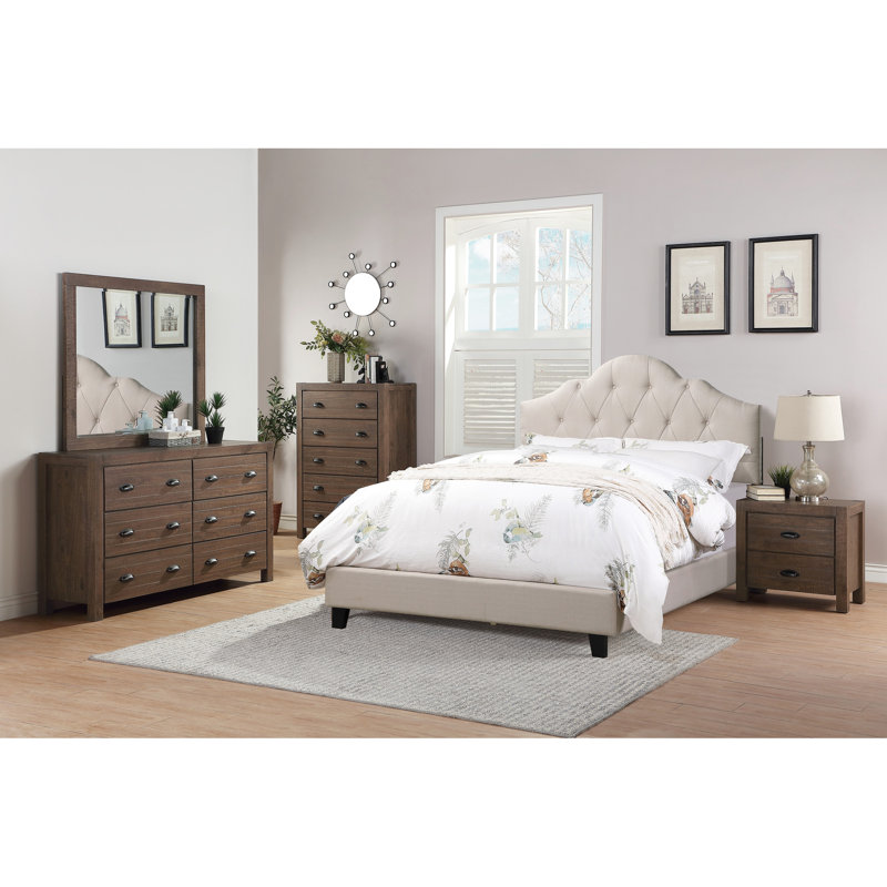 Lit double pleine grandeur brun, rembourré avec panneau de particules et lit transitionnel à cadre en bois d'hévéa