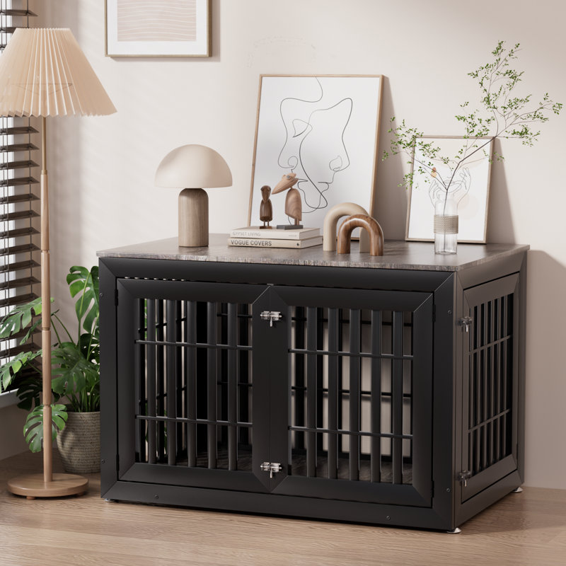 Meuble pour chien robuste de 48 po pour petits, moyens et grands chiens, mobilier d'intérieur rustique en bois pour cage de chenil avec dessus imperméable, table d'appoint décorative pour animal de compagnie (noir et gris)