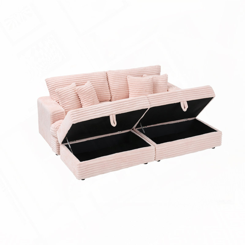 Canapé en velours côtelé de 82 po avec deux pieds de rangement et 4 coussins décoratifs, H 33 po x l 88,58 po x P 35 po, Gris