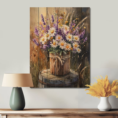 Wildflower Breeze Farmhouse Bouquet I - Décoration murale en bois fleurs sauvages - sur bois de pin naturel