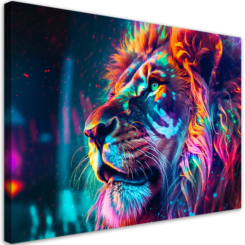 Neon Animal Lion Ai - Wrapped Canvas Print, 80cm H x 120cm W