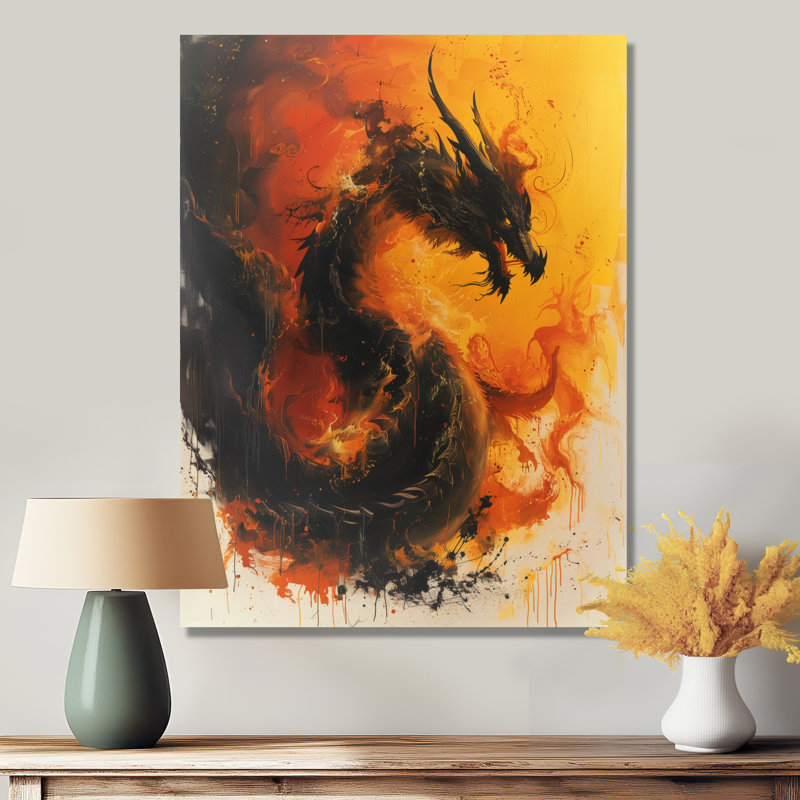 Décoration murale dragon orange et jaune braises brûlantes II - Dragons, Toile tendue, H 40 po x l 30 po x P 1,5 po
