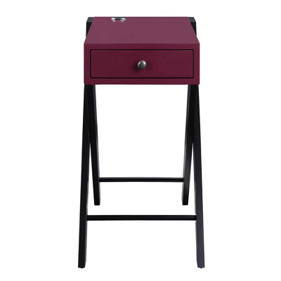 Table d'appoint rectangulaire avec station de charge intégrée, fini noir et bordeaux, un tiroir de rangement pour accessoires, base ouverte, assemblage à monter soi-même, matériau, hauteur 61 cm, accent de charge bordeaux, pieds, fermeture manuelle