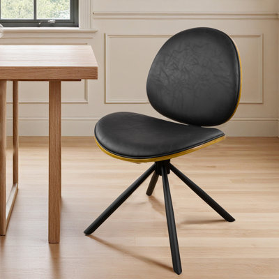 18'' H Swivel Faux Leather Dining Chair With Curved Solid Wood Back, Modern Armless Upholstered Side Chair With Steel Metal Base For Dining Room Kitch