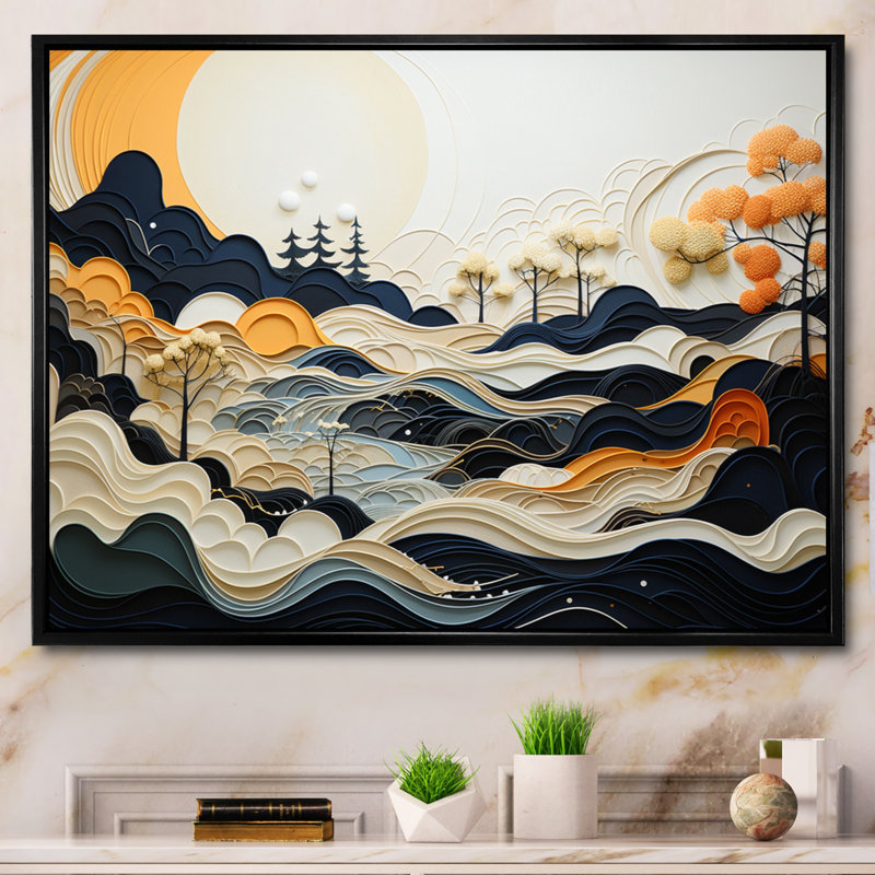 «Mahjabi Gray Orange Line Art Landscape», reproduction d'art sur toile, H 34 po x l 44 po x P 1,5 po, Cadre flottant noir