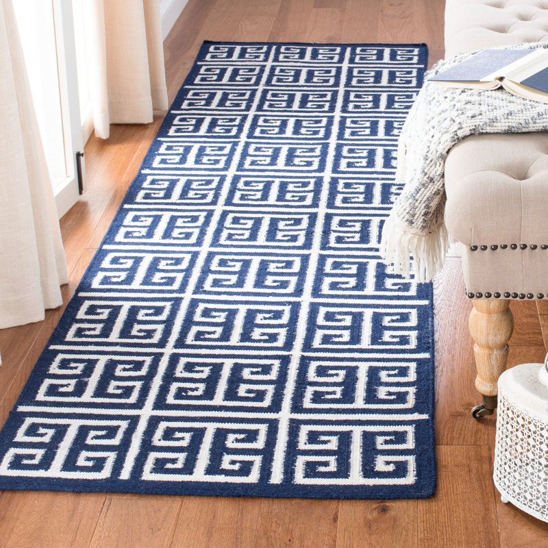 Rodgers Hand Woven Flat Weave Banana Silk/Wool/Cotton Geometric Rug in Navy/Ivory, Runner 2'6" x 9'