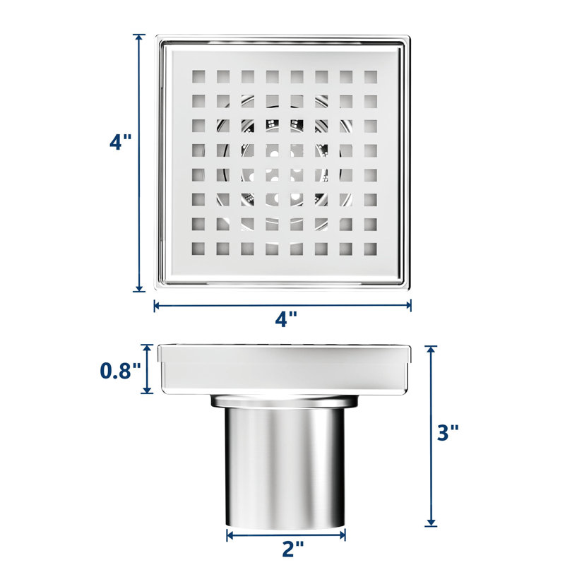 4 In. X 4 In. Stainless Steel Square Shower Drain With Square Pattern Surface