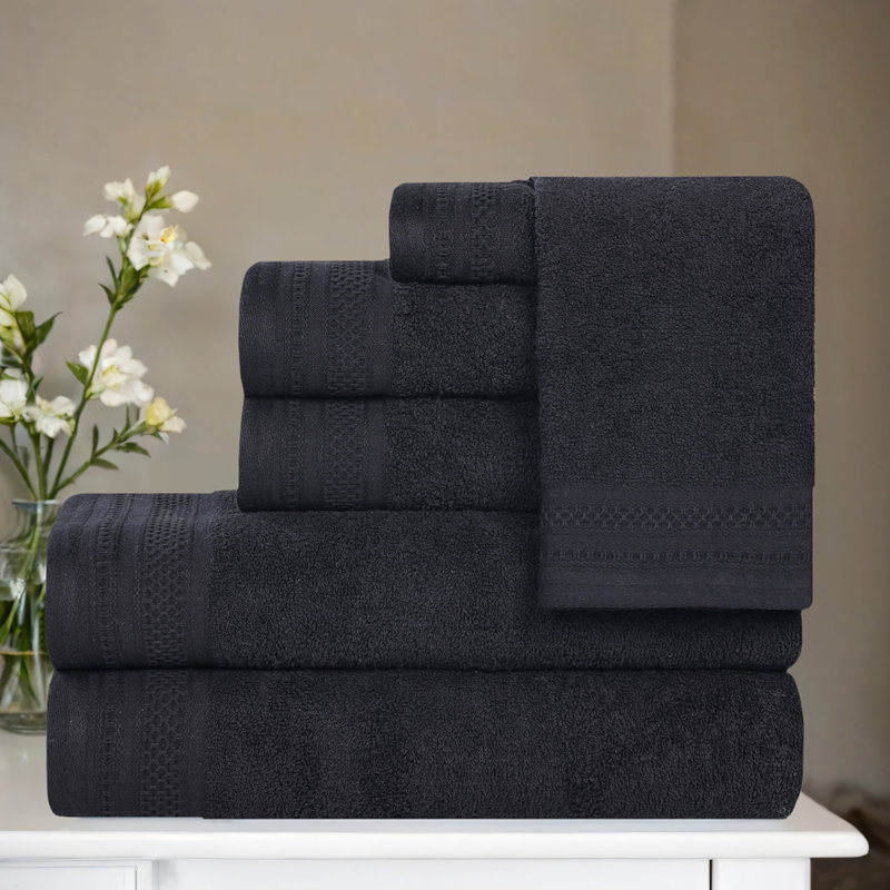 Honeycomb Textured Waffle Border Cotton Medium Weight 6 Piece Towel Set, Black