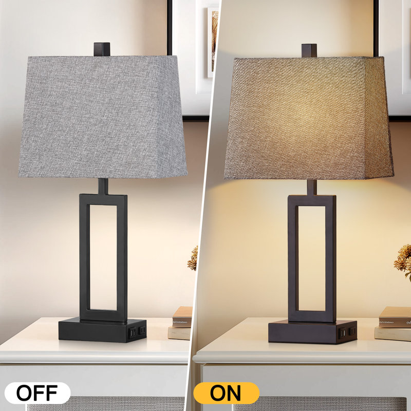 Damajae 23.5" Metal USB Table Lamp Set with Touch Control and AC Outlet, Gray
