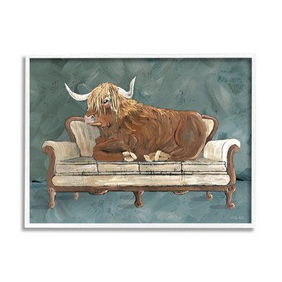 " Shaggy Cattle Resting Living Room Couch Green Gray " Painting Print