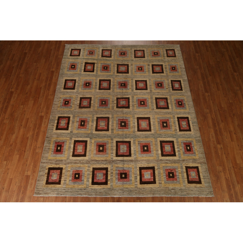 Tapis beige en laine noué à la main de conception unique 8 pi 0 po x 9 pi 10 po New Age
