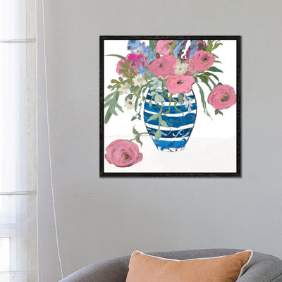 Blue Vase of Pink Roses 1 Piece Wall Art on Canvas