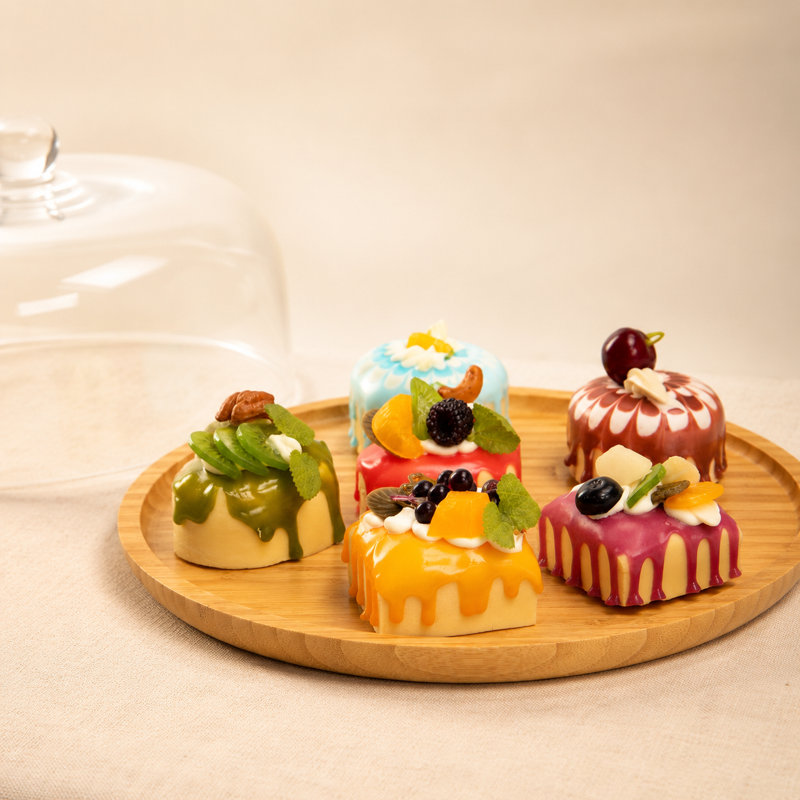 Round Wooden Decorative Cake and Snack Serving Tray with Clear Cover, Bamboo