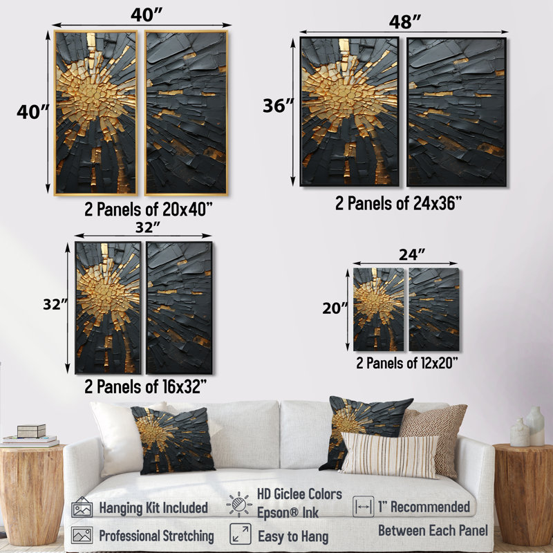 Noir et or abstrait méditation II - peinture abstraite, art mural, H 20 po x l 24 po, Impression encadrée flottante, Doré