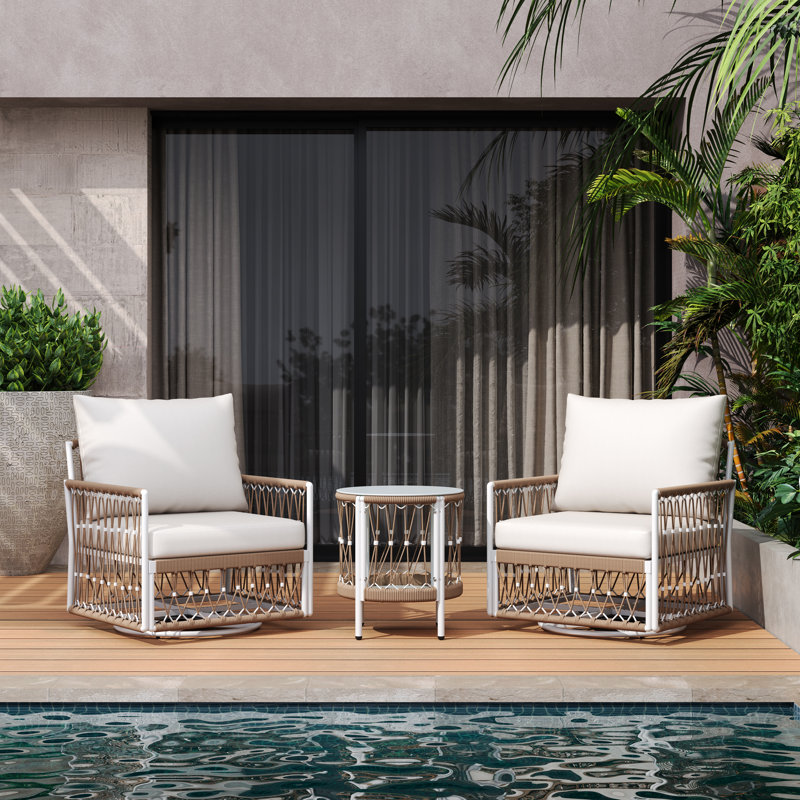 3-Piece Bohemian Outdoor Furniture Set with 2 Swivel Chairs & Glass Top Side Table - Handwoven Rope & Powder-Coated Steel Frame - Waterproof Cushions Patio Conversation Set