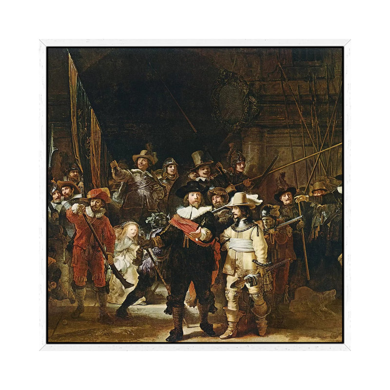 The Nightwatch, 1642 by Rembrandt Van Rijn - Painting on Canvas, 45.72cm H x 45.72cm W x 3.81cm D, White Framed