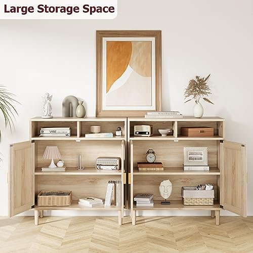 Rattan Sideboard Buffet Cabinets, Sideboard Cabinets with 2 Doors, Modern Accent Storage Console Tables, 2 pcs