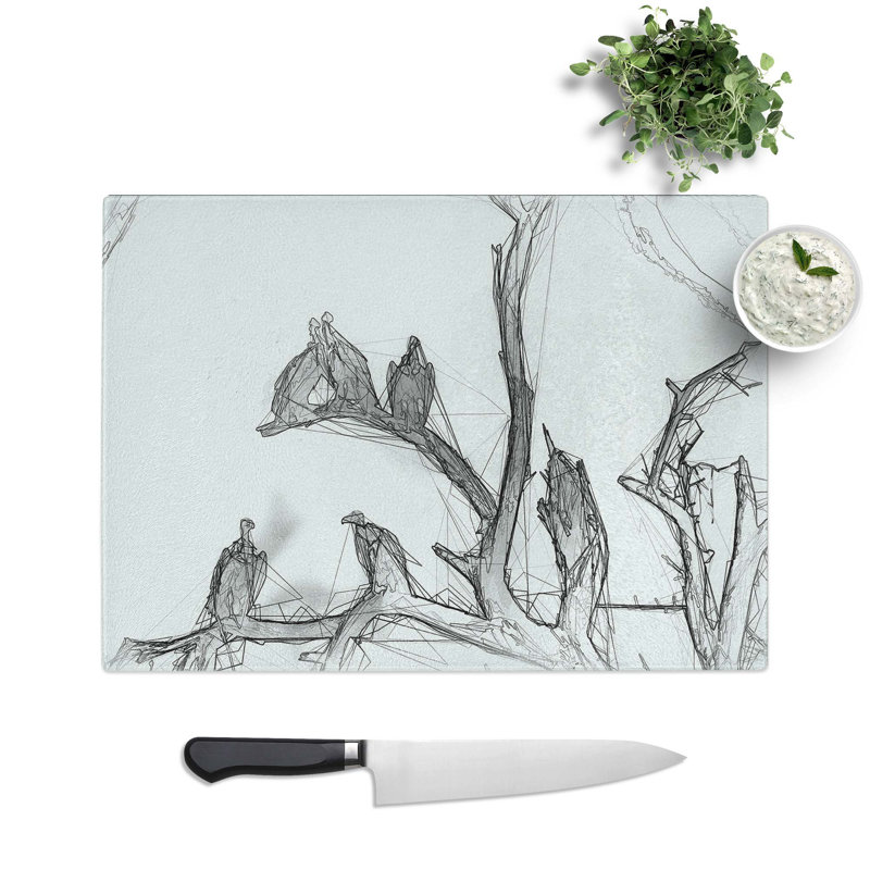 Tempered Glass Vultures on a Tree in Abstract Cutting Board, 28.5 cm W x 20 cm L