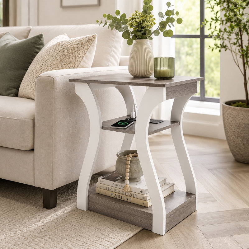 Table d'appoint avec station de recharge, ports USB et prises électriques, table de chevet pour chambre, tablette de rangement à 3 niveaux, table de nuit