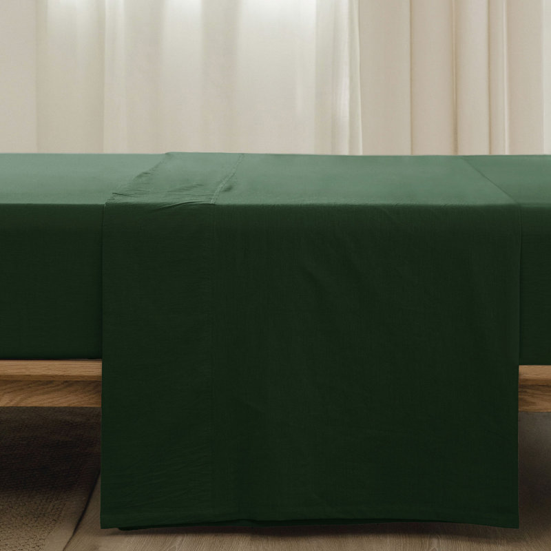 Drap plat 100% coton lavé MooMee, Drap plat grand, Vert forêt