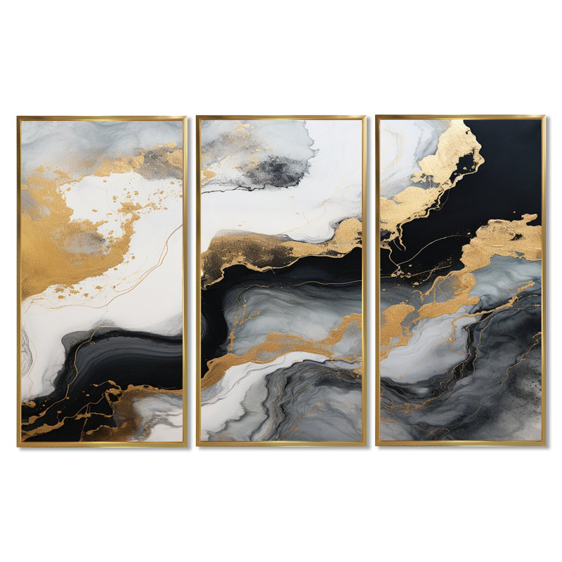Glam Gold Flows Black - Marble Wall Art Set, Gold Floater Framed, 40" H x 60" W x 1" D