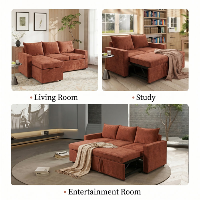 L-Shaped Sleeper Sectional Sofa with Pull-out Bed and Storage Chaise, Orange