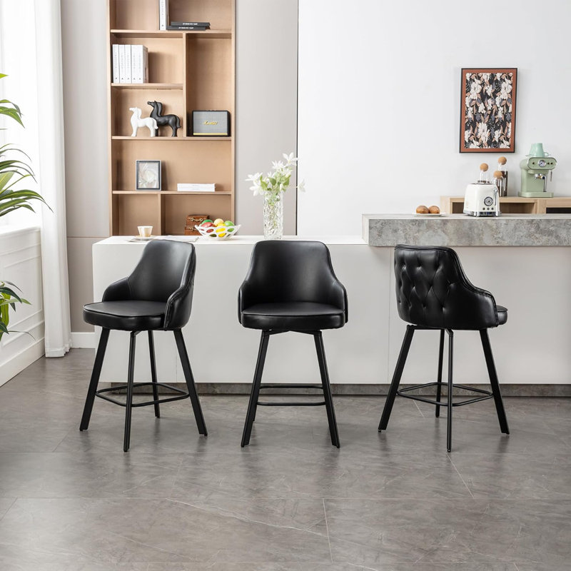 Tabouret de comptoir pivotant rembourré en cuir avec pieds en métal (ensemble de 3), Noir, 3