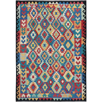 Tapis Bayern 6 pi 9 po x 9 pi 8 po, kilim afghan avec motif géométrique coloré, teinture végétale, laine pure, tissé à la main, tissage plat, réversible, tapis oriental