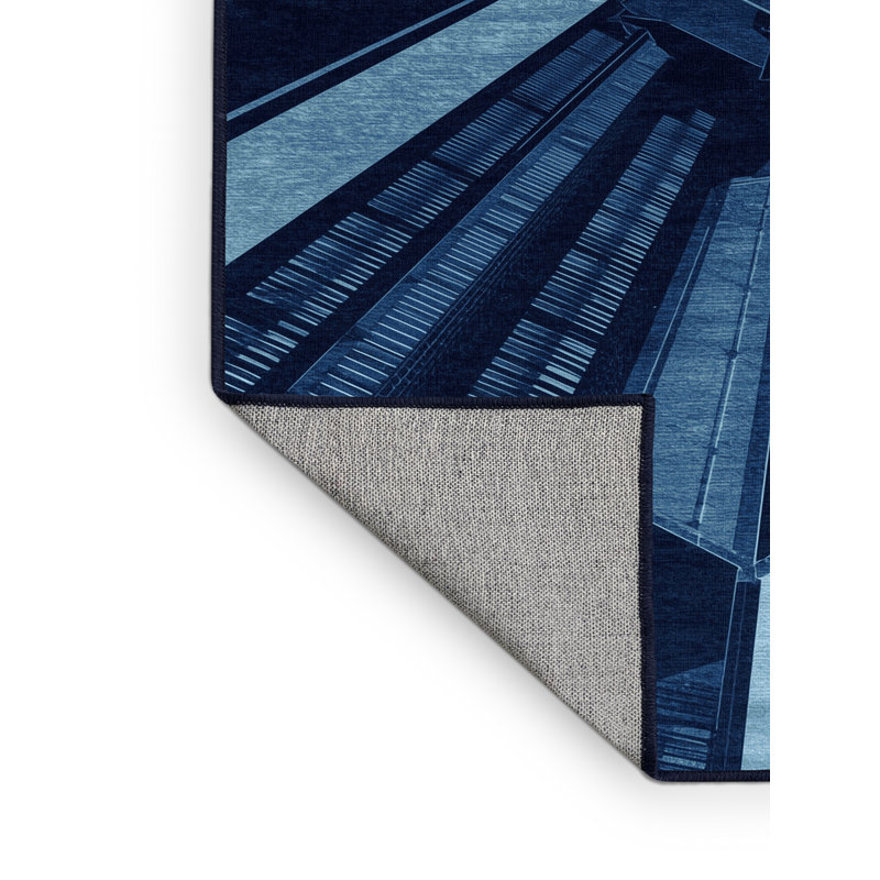 Tapis moderne et contemporain lavable à la machine à motif géométrique bleu et bleu marine Parez Lagos, 2 pi x 3 pi