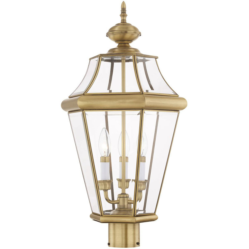 Outdoor Post Lantern Pendant Light Fixture Clear Beveled Glass Shade, Antique Brass