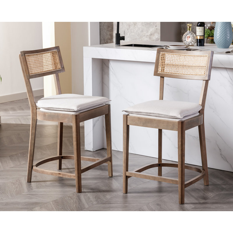 Alyssya Upholstered Counter Stool with Solid Wood Frame, Light Brown, Light Beige