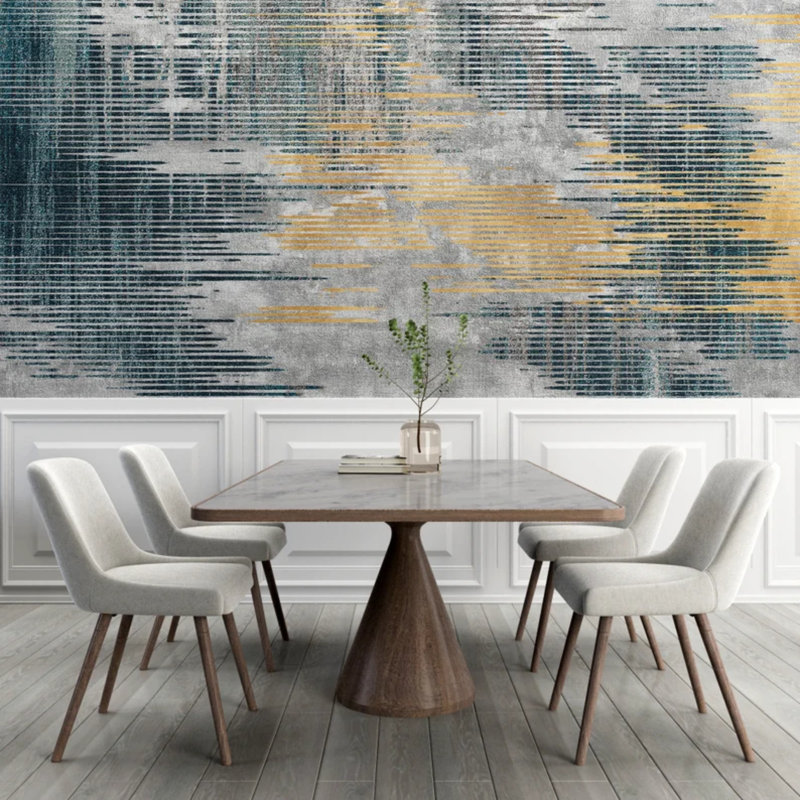 Modern Abstract Teal Gold Brushstroke Wall Mural, 96" L x 108" W