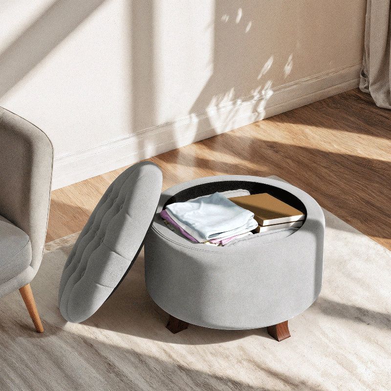 20" W Tufted Round Storage Ottoman , Light Gray
