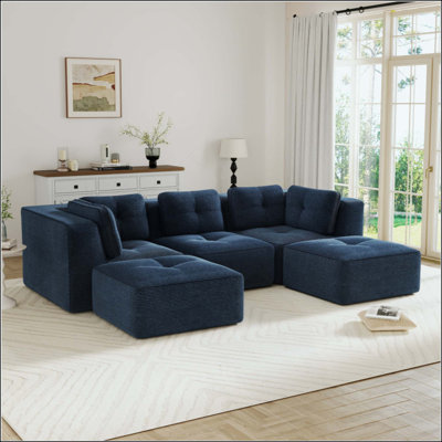 Modern Modular Sectional Sofa For Living Room, Corduroy Fabric,  3-Seater Couch With Deep Seat And 2-Movable Ottoman,Pearl-Like Piping, Tufted Design, No Assembly, Anti-Slip Design