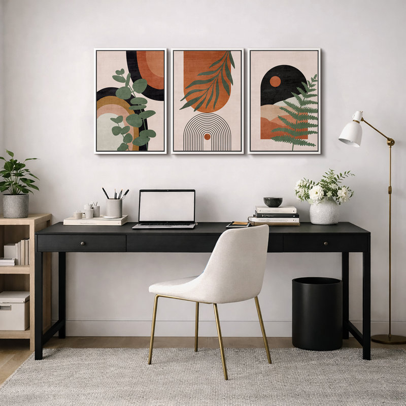 «Mid Century Modern Boho», Southwestern Desert Jungle, H 36 po x l 72 po, Cadre flottant blanc