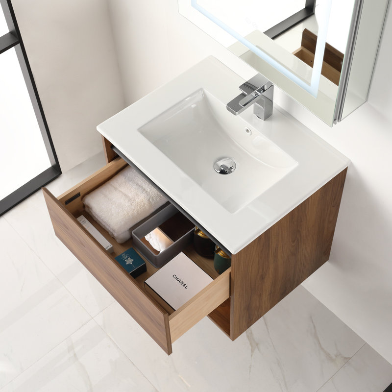 Meuble-lavabo flottant 30 po avec lumières DEL - Armoire murale en bois avec lavabo en acrylique, rangement à fermeture en douceur et lavabo intégré moderne