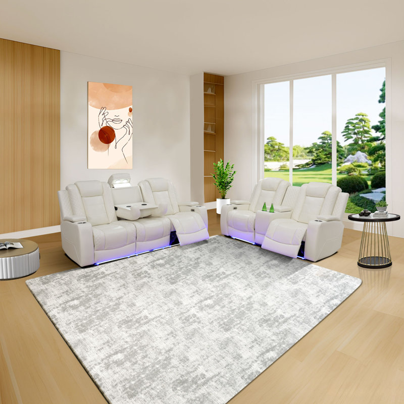 Ensemble de fauteuil inclinable électrique de salon en cuir 2 pièces, canapé et causeuse, Crème