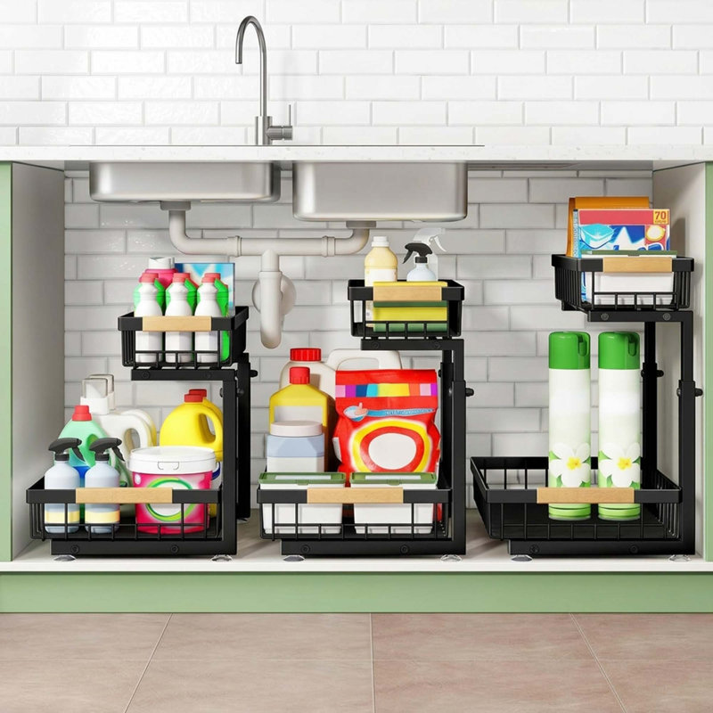 Ensemble de 2 organisateurs sous évier, 2 tablettes coulissantes coulissantes à 2 niveaux, tiroir en métal pour garde-manger de cuisine