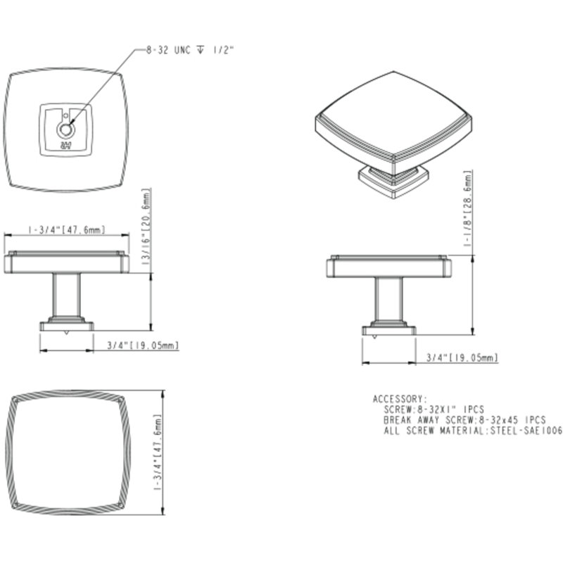 Square Knob, Polished Chrome