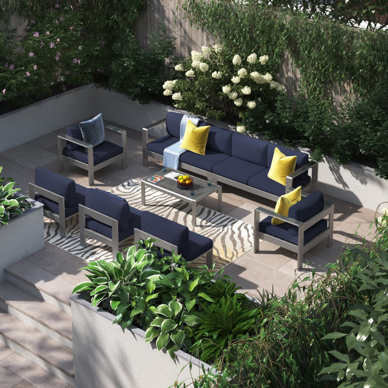 Shore Sunbrella® Fabric 8 Piece Aluminum Sectional Sofa Set, Navy