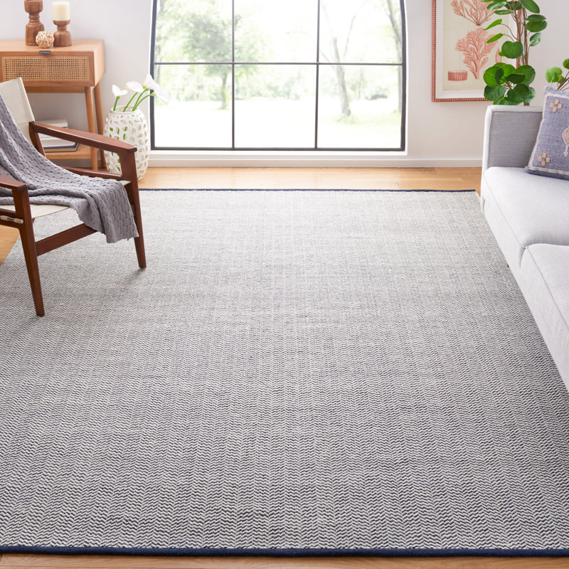 Tapis bleu marine / ivoire en laine tissé à la main Vermont, Rectangle 8 pi x 10 pi