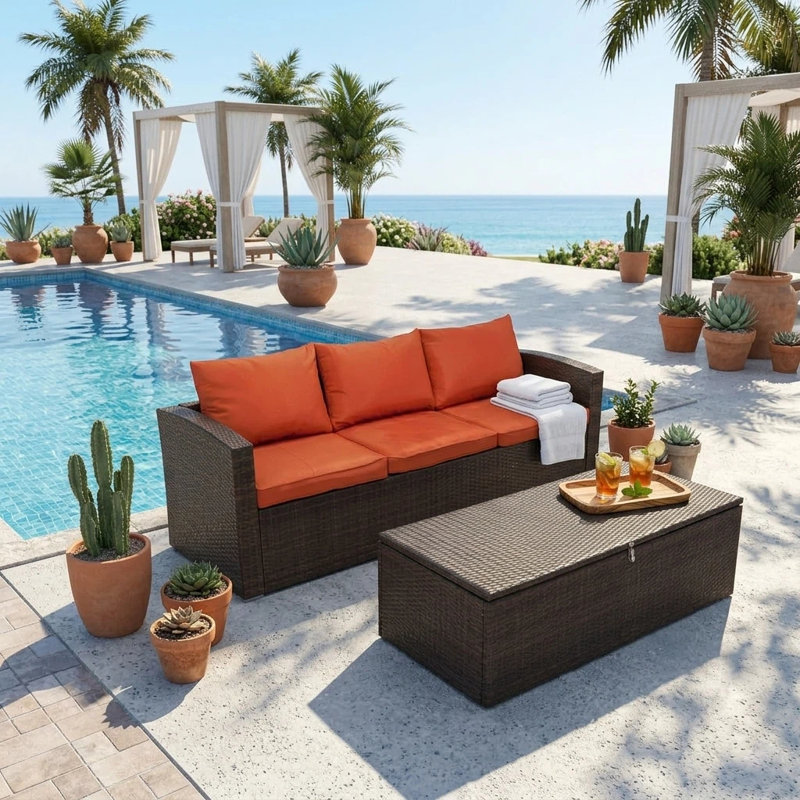 Warner Outdoor Wicker Patio Sofa Set, Dark Brown, Orange