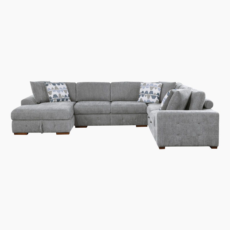 Canapé-lit modulaire en chenille 4 pièces avec méridienne Odesser, Gris chenille, Orienté à gauche (vu de face)