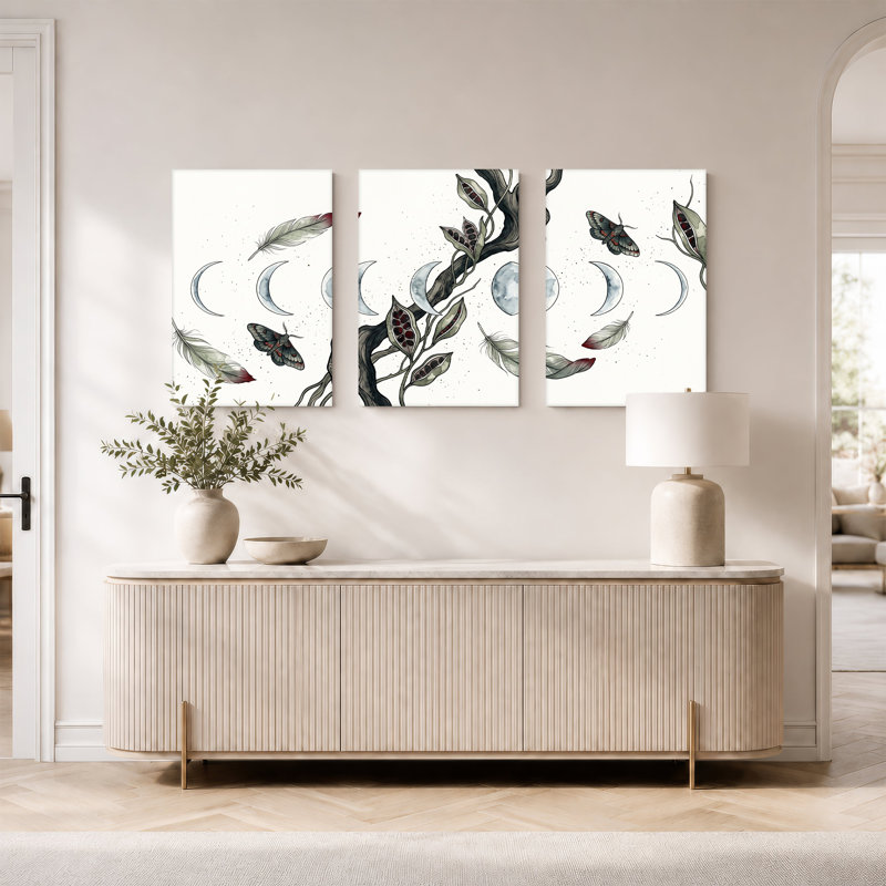 «Moths and Moon Phases on Tw torsed Branch», art mural sur toile, H 24 po x l 16 po x 3 pièces