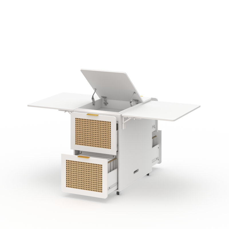 Classeur convertible 3-en-1 - rabattable avec double abattant, 4 tiroirs et prise intégrée, espace de travail de rangement multifonctionnel pour bureau à domicile, rotin blanc