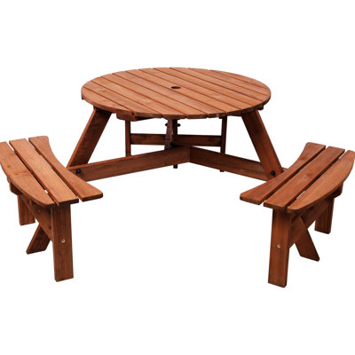 6 Person Camping Dining Table, Round Wooden Picnic 3 Benches, Umbrella Hole, 35 - Inch Tabletop, Stable Table With Capacity, Smooth Rounded Edges, 40.95 Lb, Brown, Strong