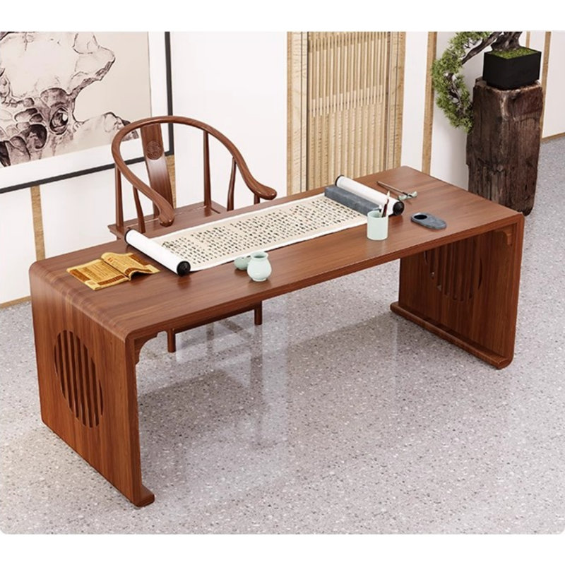 Bureau chinois classique en chêne massif, H 27,56 po x l 62,99 po x P 19,69 po