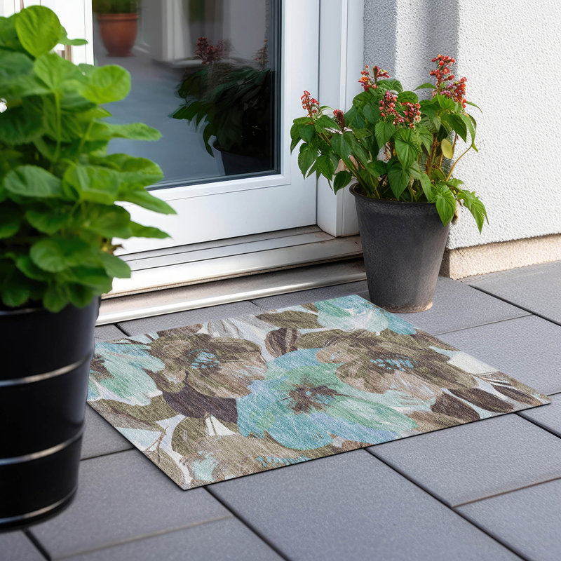 Khaki and Teal Floral Synthetic Washable Rug, 1'8" x 2'6"