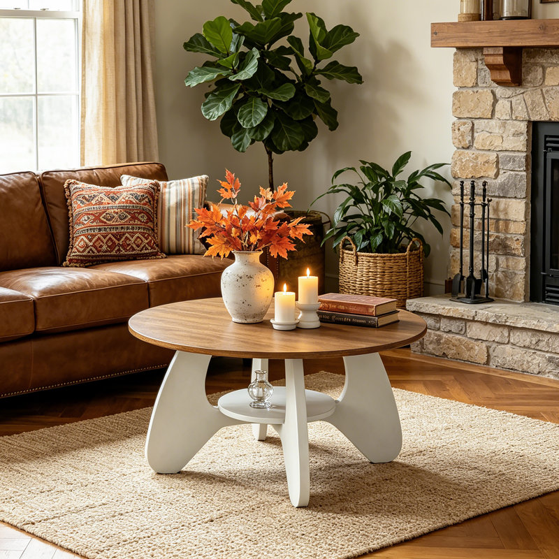 31.5" Circle Coffee Table for Living Room, 2-Tier Wood Accent Center Table with Open Storage, Walnut/White
