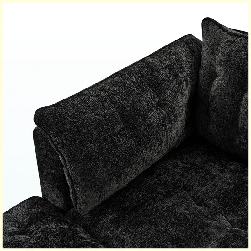 Causeuse | Canapé moderne 2 places avec coussins décoratifs noir, Black Chenille